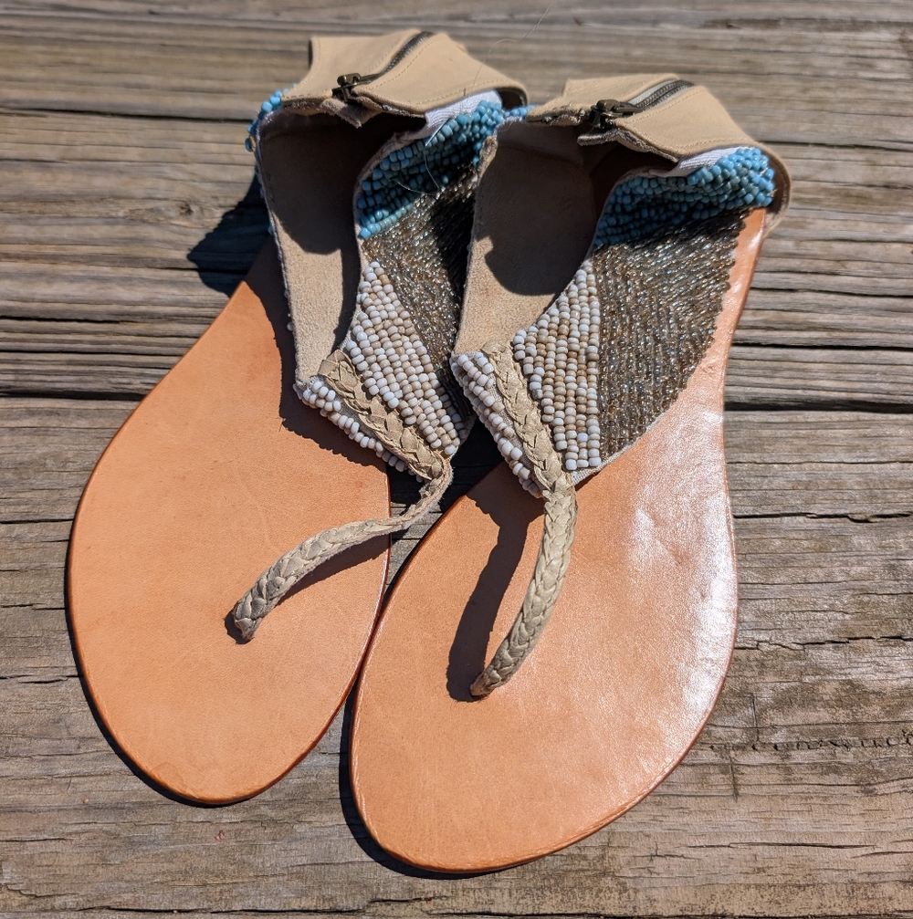 Cocobelle Blue And Silver Beaded Tan Sandals Size 8